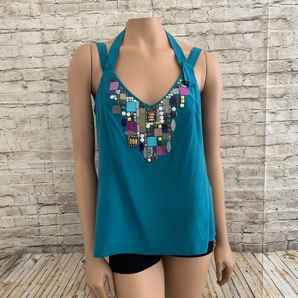 VGC Nanette Lepore Silk Halter Turquoise Teal Blouse SZ 8